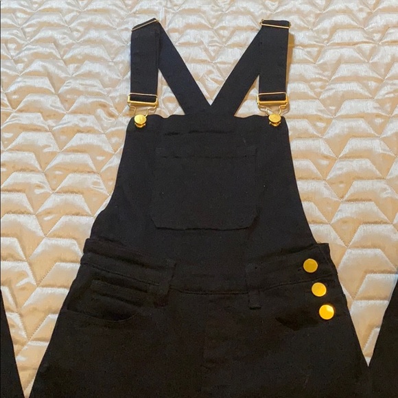High Rise Skinny Overalls Black w/Gold Accents XS - Picture 2 of 4